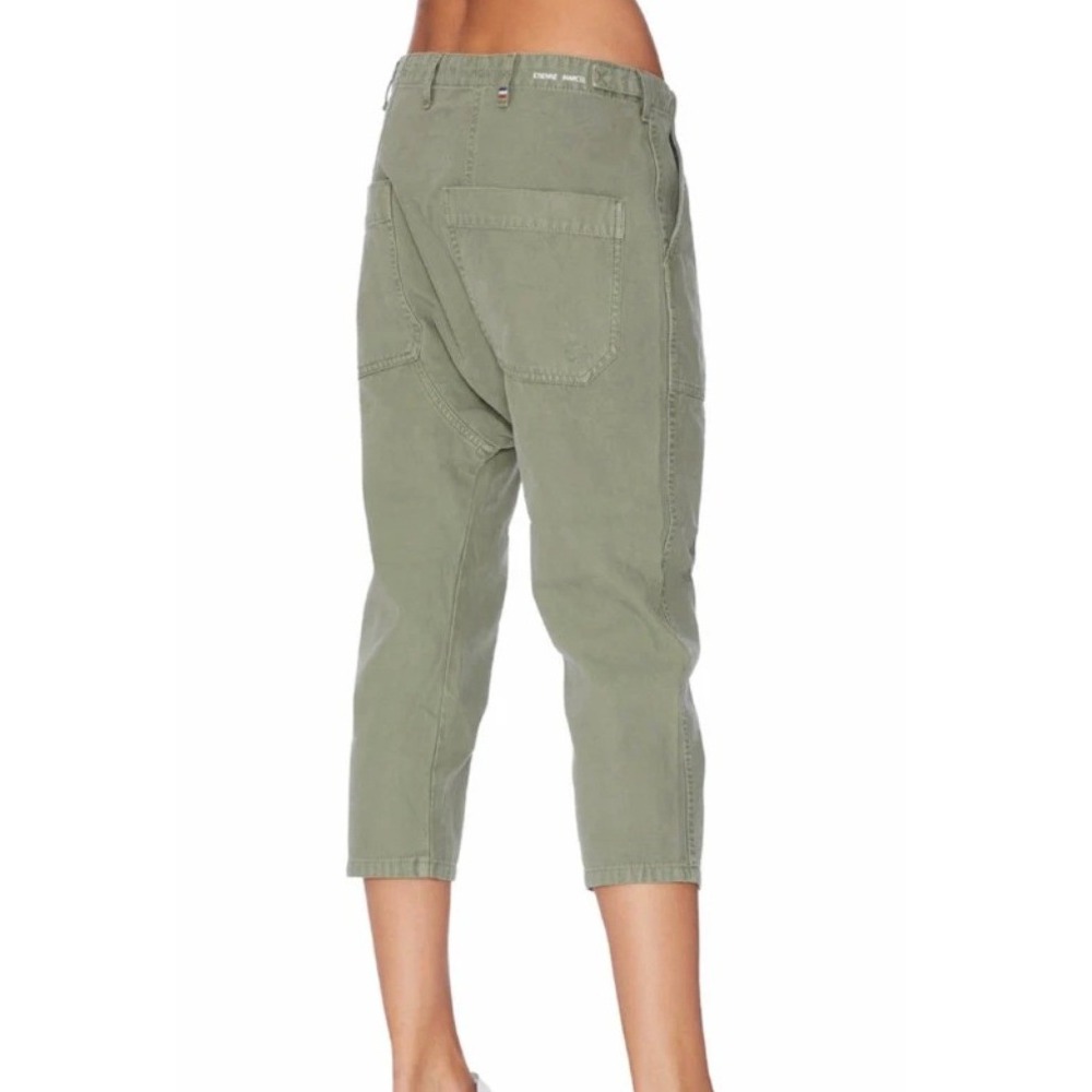 Etienne Marcel Drop Crotch Utility Pants Olive Green Distressed Cropped 25 Lux - Picture 2 of 16
